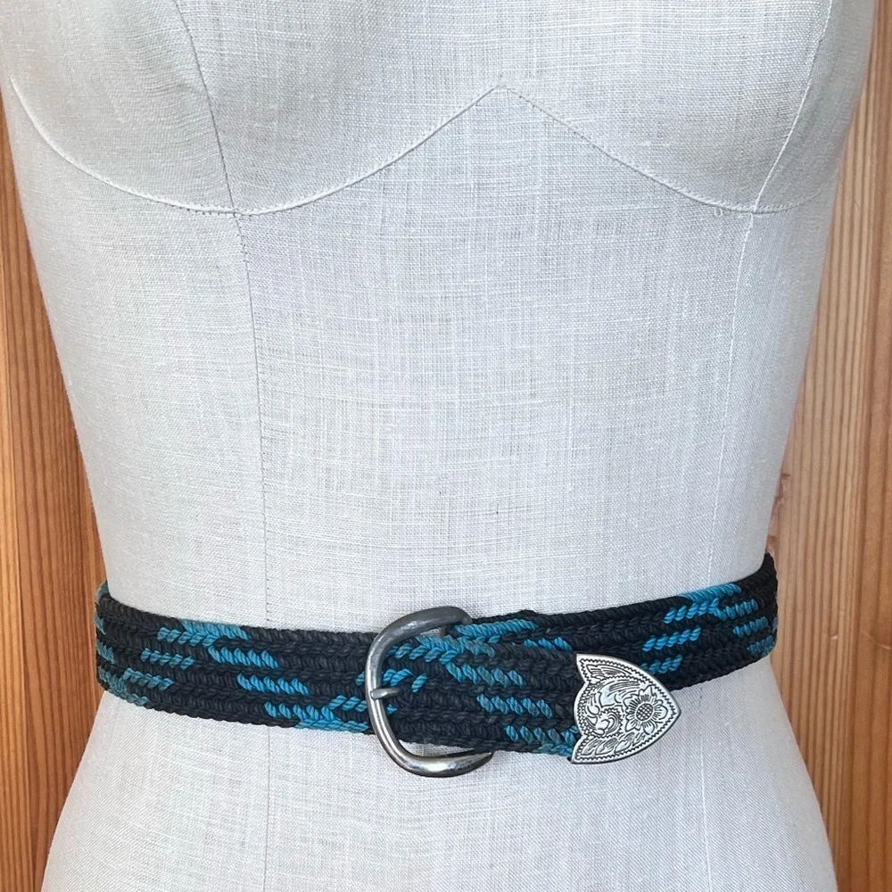 Vintage 90s Western Braided Belt Black Turquoise Silver Tip Cowboy Unisex Retro